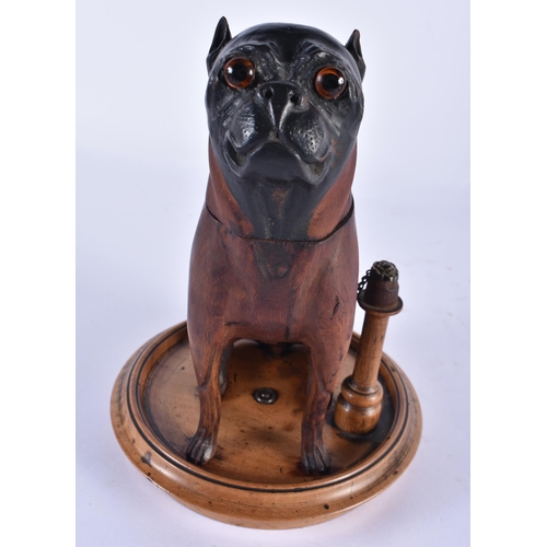 847 - A 19TH CENTURY BAVARIAN BLACK FOREST CARVED WOOD INKWELL formed as a seated hound. 22 cm x 14 cm.