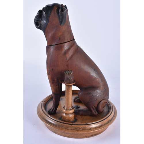 847 - A 19TH CENTURY BAVARIAN BLACK FOREST CARVED WOOD INKWELL formed as a seated hound. 22 cm x 14 cm.