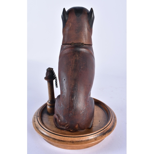 847 - A 19TH CENTURY BAVARIAN BLACK FOREST CARVED WOOD INKWELL formed as a seated hound. 22 cm x 14 cm.