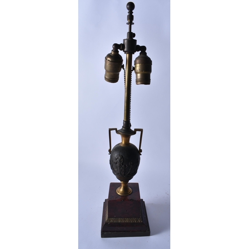 884 - A PAIR OF 19TH CENTURY GRAND TOUR BRONZE AND RED MARBLE COUNTRY HOUSE LAMPS. 50 cm high.