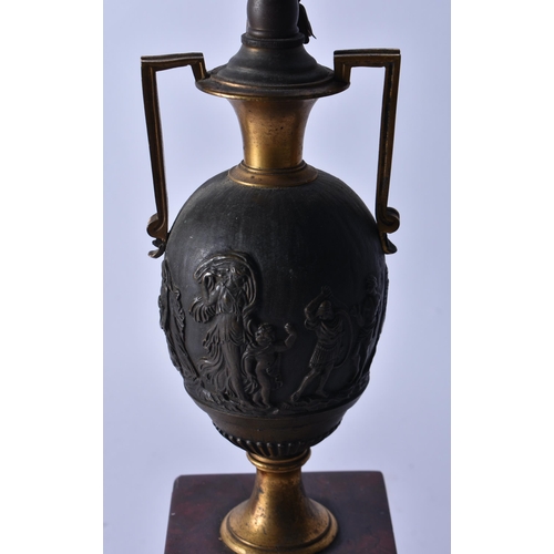 884 - A PAIR OF 19TH CENTURY GRAND TOUR BRONZE AND RED MARBLE COUNTRY HOUSE LAMPS. 50 cm high.