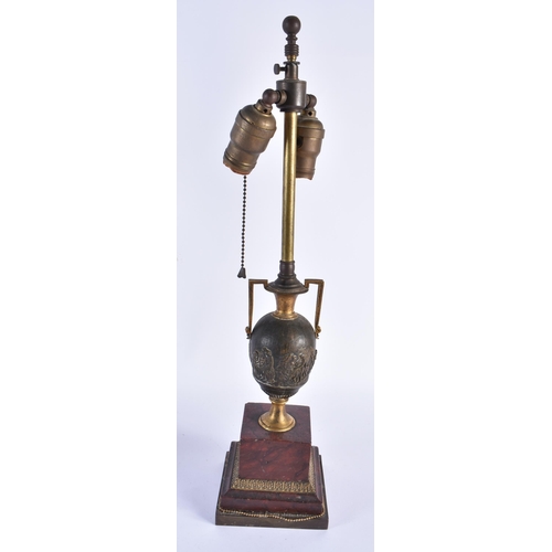 884 - A PAIR OF 19TH CENTURY GRAND TOUR BRONZE AND RED MARBLE COUNTRY HOUSE LAMPS. 50 cm high.