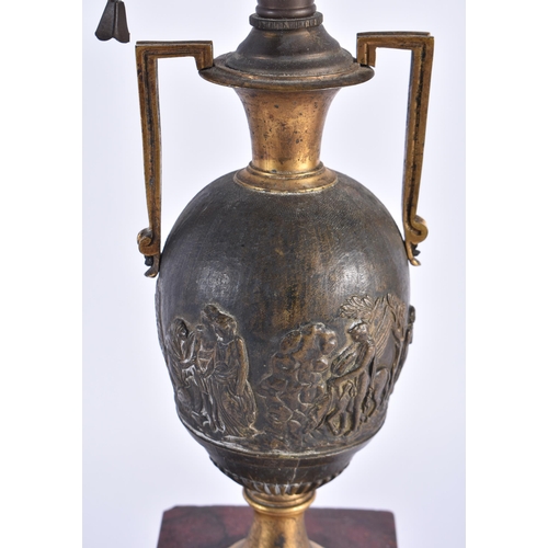 884 - A PAIR OF 19TH CENTURY GRAND TOUR BRONZE AND RED MARBLE COUNTRY HOUSE LAMPS. 50 cm high.