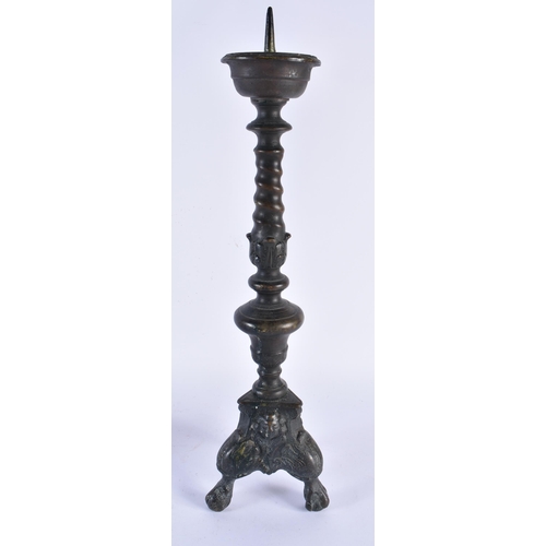 885 - A LARGE PAIR OF 18TH CENTURY DUTCH BRONZE PRICKET CANDLESTICKS. 48 cm high.