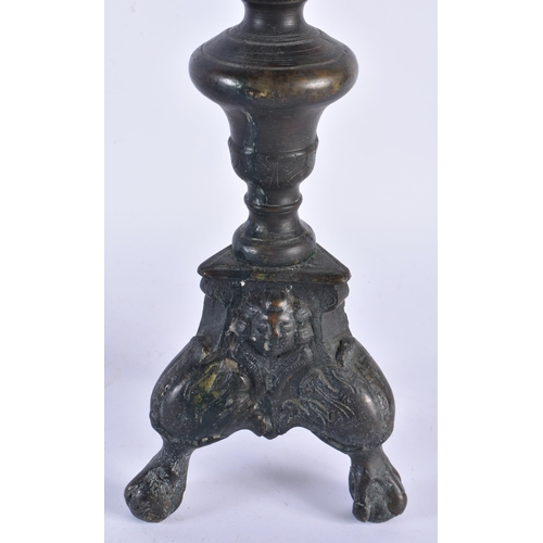 885 - A LARGE PAIR OF 18TH CENTURY DUTCH BRONZE PRICKET CANDLESTICKS. 48 cm high.