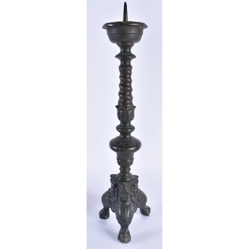 885 - A LARGE PAIR OF 18TH CENTURY DUTCH BRONZE PRICKET CANDLESTICKS. 48 cm high.