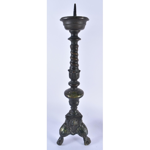 885 - A LARGE PAIR OF 18TH CENTURY DUTCH BRONZE PRICKET CANDLESTICKS. 48 cm high.