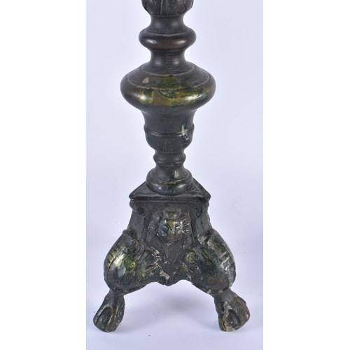 885 - A LARGE PAIR OF 18TH CENTURY DUTCH BRONZE PRICKET CANDLESTICKS. 48 cm high.