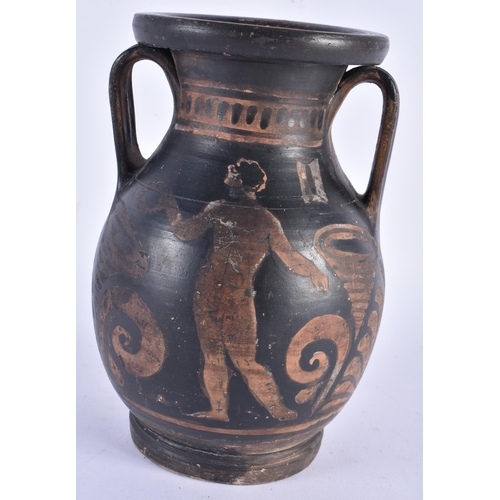 887 - AN EARLY SOUTHERN EUROPEAN ATTIC TYPE TWIN HANDLED POTTERY VASE painted with figures. 22 cm x 12 cm.