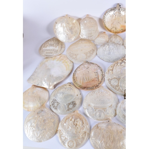 891 - A VERY LARGE COLLECTION OF 19TH CENTURY CONTINENTAL CARVED MOTHER OF PEARL SHELLS in various forms a... 