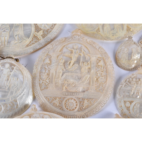 891 - A VERY LARGE COLLECTION OF 19TH CENTURY CONTINENTAL CARVED MOTHER OF PEARL SHELLS in various forms a... 