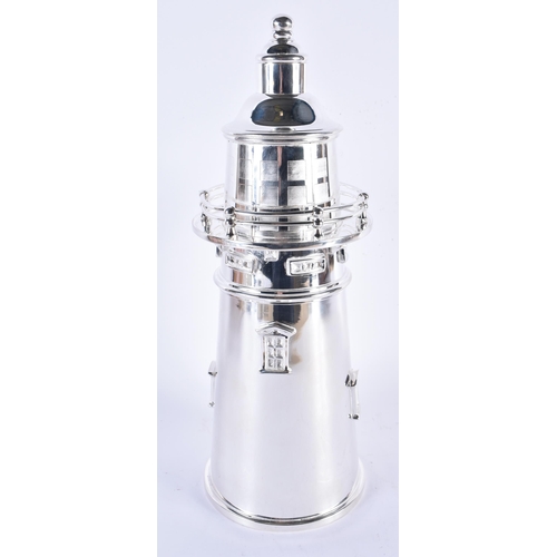 892 - A LARGE SILVER PLATED LIGHTHOUSE COCKTAIL SHAKER AND COVER. 35 cm high.