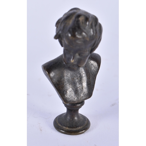 898 - A SET OF FOUR 19TH CENTURY EUROPEAN GRAND TOUR BRONZE BUSTS of small form. 5.5 cm high. (4)