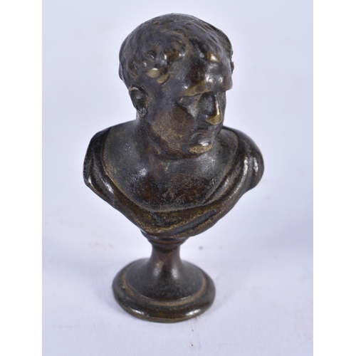 898 - A SET OF FOUR 19TH CENTURY EUROPEAN GRAND TOUR BRONZE BUSTS of small form. 5.5 cm high. (4)