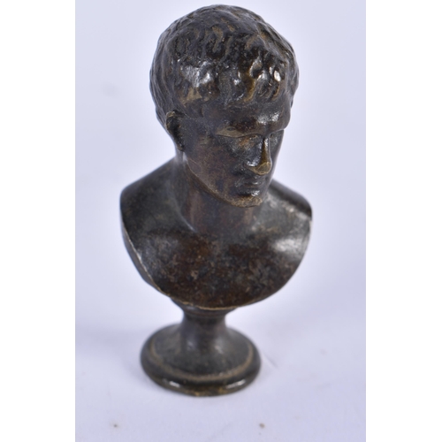 898 - A SET OF FOUR 19TH CENTURY EUROPEAN GRAND TOUR BRONZE BUSTS of small form. 5.5 cm high. (4)