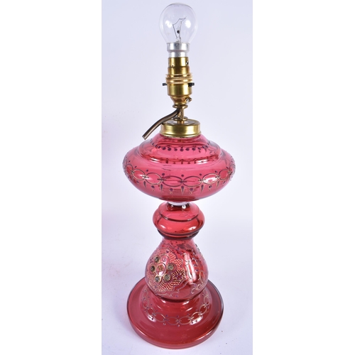 904 - A Pair of Cranberry Glass Oil Lamp Bases converted to Electric Lights.  40cm to top of fitting, 15cm... 