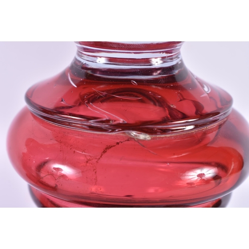 904 - A Pair of Cranberry Glass Oil Lamp Bases converted to Electric Lights.  40cm to top of fitting, 15cm... 