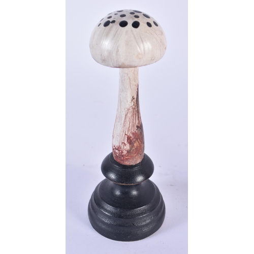 917 - TWO UNUSUAL CARVED FOLK ART PAINTED WOOD MUSHROOM SPECIMENs. 12cm high.(2)