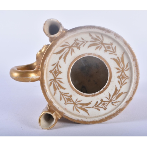 92 - AN UNUSUAL EARLY 19TH CENTURY ENGLISH PORCELAIN INKWELL formed as a circular drum supported by a gil... 