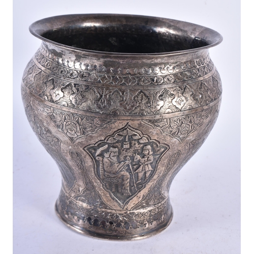 926 - A Persian Silver Vase decorated with Figures and Landscapes.  17cm x 17cm, weight 693g