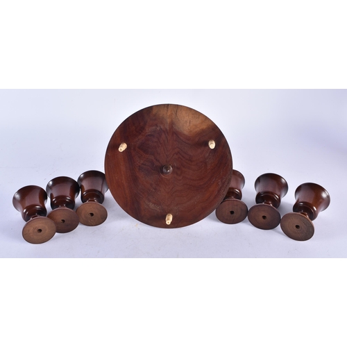 934 - Antique Georgian Victorian Treen Turned Wood Fruitwood Egg Cup Set on Stand with Bone Finial and Fee... 