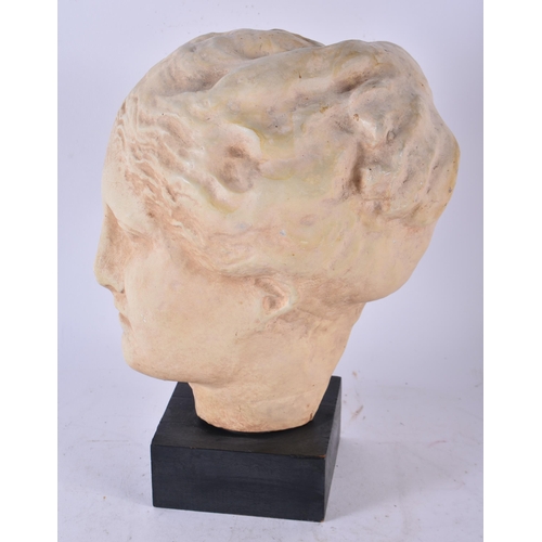 955 - A Classical Female Terracotta Head on a Plinth.  Stamped Made in Greece.  27cm x 14cm x 19cm