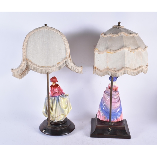 956 - Two Victorian Lamps with Ceramic Female mounted on Wooden bases.  Tallest 46cm