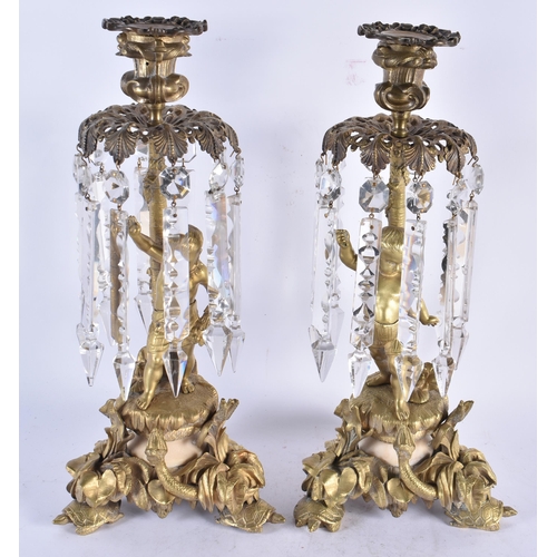 958 - A Pair of 19th Century Gilt Bronze Candlestick with Lustres decorated with Cherubs standing on Lily ... 