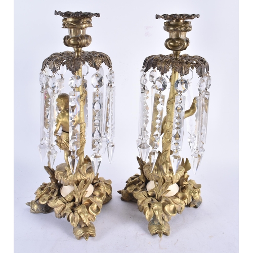 958 - A Pair of 19th Century Gilt Bronze Candlestick with Lustres decorated with Cherubs standing on Lily ... 