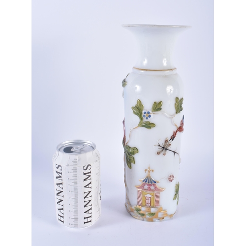 98 - A VERY RARE EARLY 19TH CENTURY ENAMELLED OPALINE GLASS VASE decorated in relief with Chinoiserie sce... 