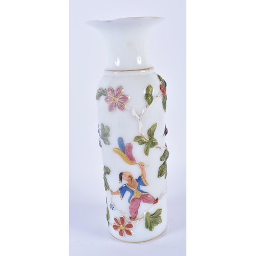 98 - A VERY RARE EARLY 19TH CENTURY ENAMELLED OPALINE GLASS VASE decorated in relief with Chinoiserie sce... 