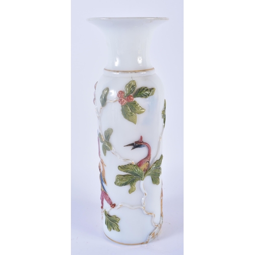 98 - A VERY RARE EARLY 19TH CENTURY ENAMELLED OPALINE GLASS VASE decorated in relief with Chinoiserie sce... 