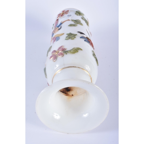 98 - A VERY RARE EARLY 19TH CENTURY ENAMELLED OPALINE GLASS VASE decorated in relief with Chinoiserie sce... 