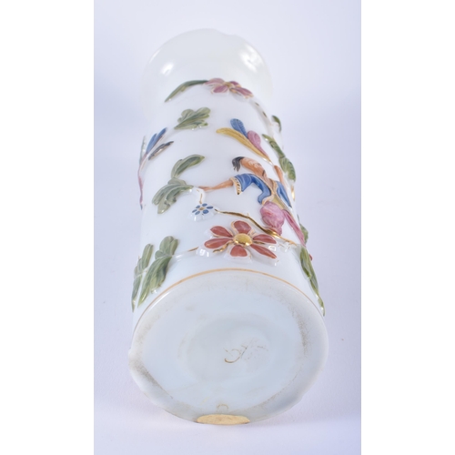 98 - A VERY RARE EARLY 19TH CENTURY ENAMELLED OPALINE GLASS VASE decorated in relief with Chinoiserie sce... 