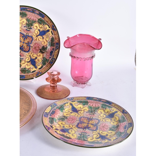 984 - A Mixed Lot comprising 4 Royal Doulton Plates, 2 Cranberry Glass with Gilt decoration dish and 2 can... 