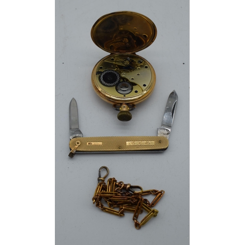 1000 - AN ANTIQUE 14CT GOLD HALF HUNTER ENAMELLED POCKET WATCH with 9ct gold cased pocket knife & a yellow ... 