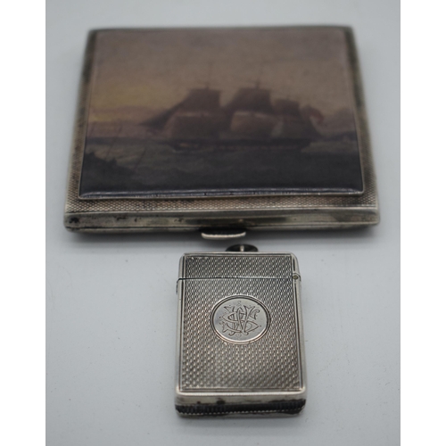 1032 - AN ANTIQUE SILVER VESTA CASE together with a silver cigarette case. Birmingham 1882 & 1932. 170 gram... 