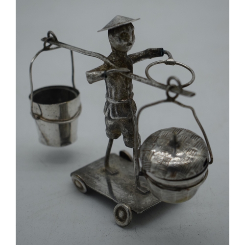 1055 - A LATE 19TH CENTURY CHINESE EXPORT SILVER FIGURAL CONDIMENT SET. 96 grams. 10.5 cm x 14 cm.