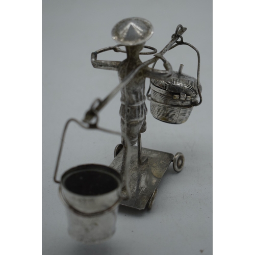 1055 - A LATE 19TH CENTURY CHINESE EXPORT SILVER FIGURAL CONDIMENT SET. 96 grams. 10.5 cm x 14 cm.