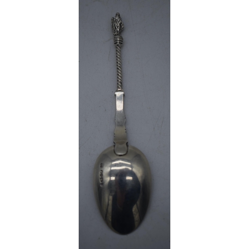 1065 - AN UNUSUAL VICTORIAN SILVER APOSTLE SPOON engraved with an owl perched upon a log. 40 grams. Sheffie... 