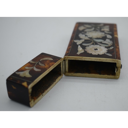 1066 - A LARGE LATE REGENCY MOTHER OF PEARL INLAID TORTOISESHELL ETUI CASE decorated with foliage. 13.5 cm ... 