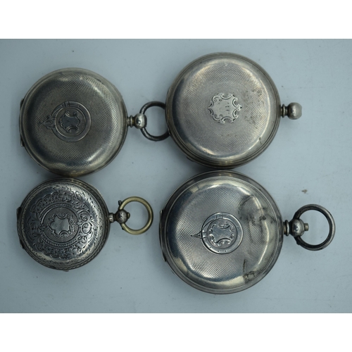 1084 - FOUR ANTIQUE SILVER POCKET WATCHES. 382 grams. Largest 5.5 cm diameter. (4)