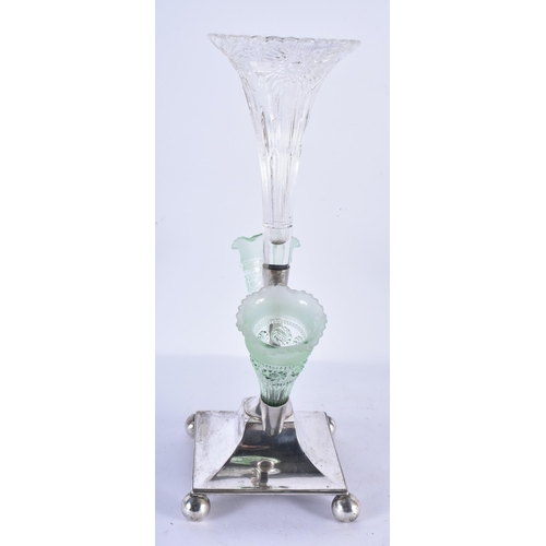 1190 - AN ART NOUVEAU SILVER PLATED TRIPLE GLASS EPERGNE. 35 cm x 24 cm.