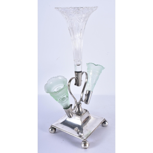 1190 - AN ART NOUVEAU SILVER PLATED TRIPLE GLASS EPERGNE. 35 cm x 24 cm.