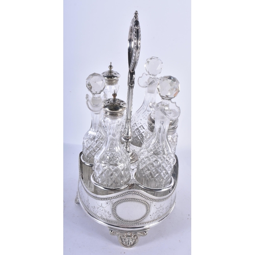 1191 - AN ANTIQUE SILVER PLATED CRUET SET. 29 cm x 18cm.