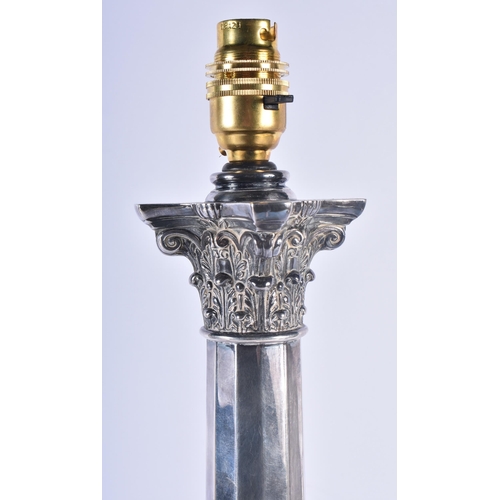 1192 - A LARGE 19TH CENTURY COUNTRY HOUSE SILVER PLATED CORINTHIAN COLUMN TABLE LAMP. 55 cm x 18cm.