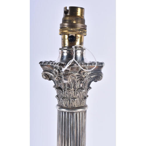 1193 - A LARGE 19TH CENTURY COUNTRY HOUSE SILVER PLATED CORINTHIAN COLUMN TABLE LAMP. 55 cm x 18cm.