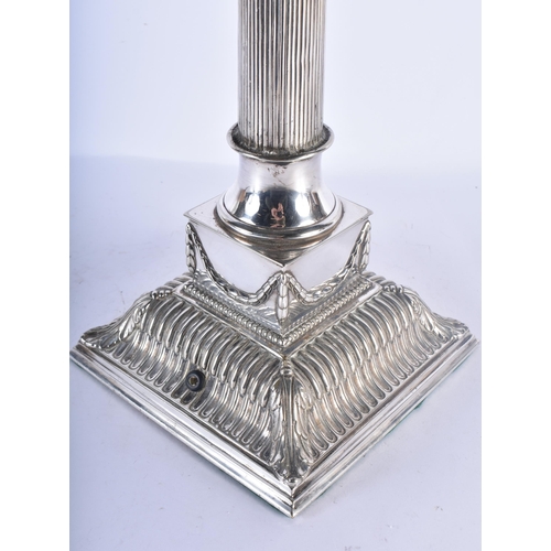 1193 - A LARGE 19TH CENTURY COUNTRY HOUSE SILVER PLATED CORINTHIAN COLUMN TABLE LAMP. 55 cm x 18cm.