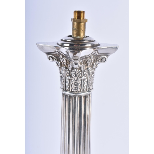 1194 - A LARGE 19TH CENTURY COUNTRY HOUSE SILVER PLATED CORINTHIAN COLUMN TABLE LAMP. 55 cm x 18cm.