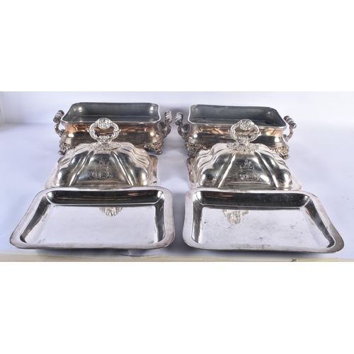 1195 - A LARGE PAIR OF LATE 18TH/19TH CENTURY ENGLISH SILVER PLATED TUREENS with probably silver armorial c... 